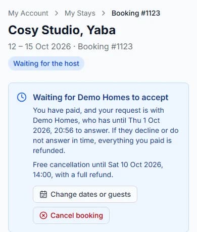 Stay page with the Waiting for the host badge and the time the host must answer by