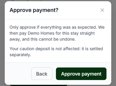 Approve payment? box with Only approve if everything was as expected, and the Back and Approve payment buttons