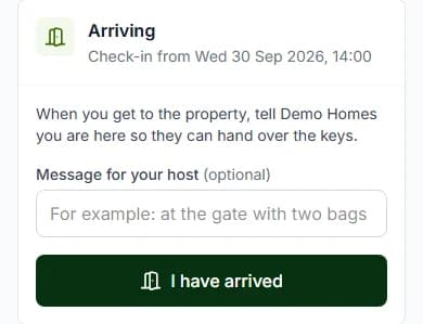 Arriving card with the check-in time, a Message for your host box and the I have arrived button