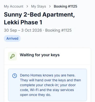 Stay page with the Arrived badge and Waiting for your keys