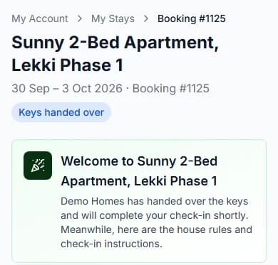 Stay page with the Keys handed over badge and Welcome to the home, while check-in is not complete yet