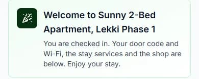 Welcome card once fully checked in: You are checked in, with the codes, services and shop below