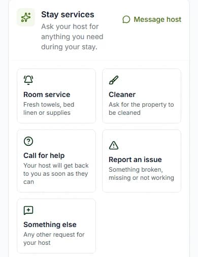 Stay services with the tiles Message host, Room service, Cleaner, Call for help, Report an issue and Something else