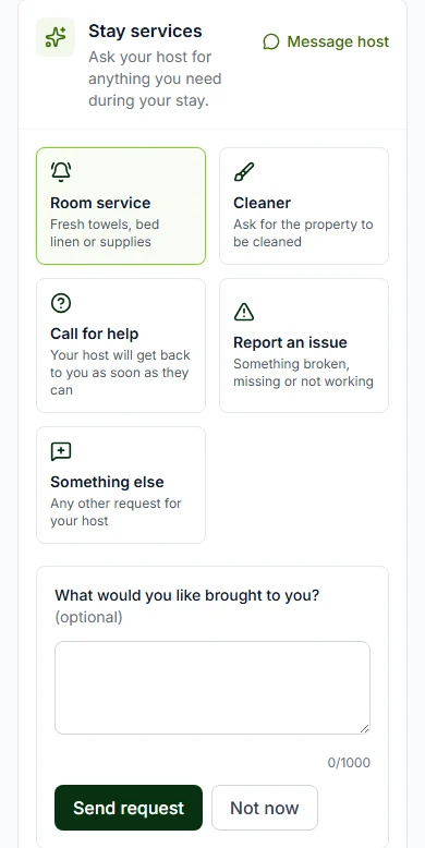 Room service chosen, with a box to say what you need and the Send request button