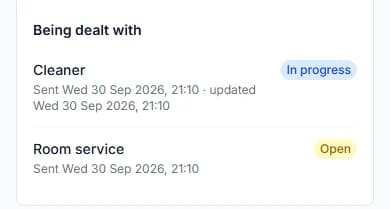 Being dealt with list: a Cleaner request In progress and a Room service request Open