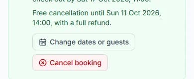 Free cancellation until a date and time, with the Change dates or guests and Cancel booking buttons