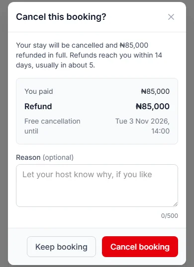 Cancel this booking? box with You paid, Refund, the refund timing, a Reason box and the Keep booking and Cancel booking buttons
