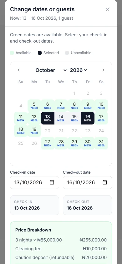 Change dates or guests window showing Now: the current dates, and a calendar to pick new dates