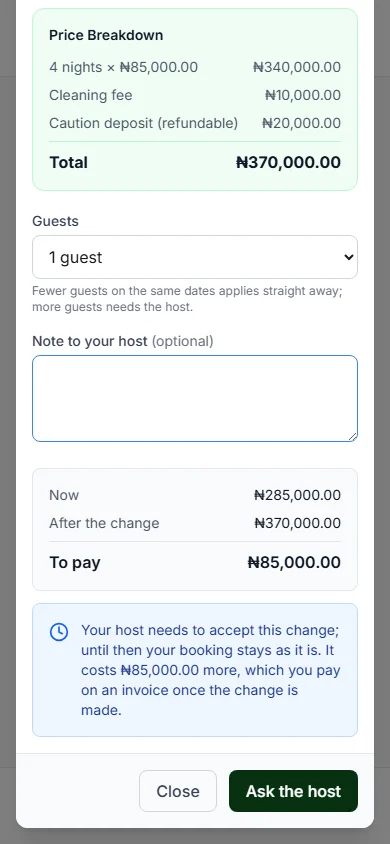 A longer stay: Now, After the change, To pay, Your host needs to accept this change, and the Ask the host button