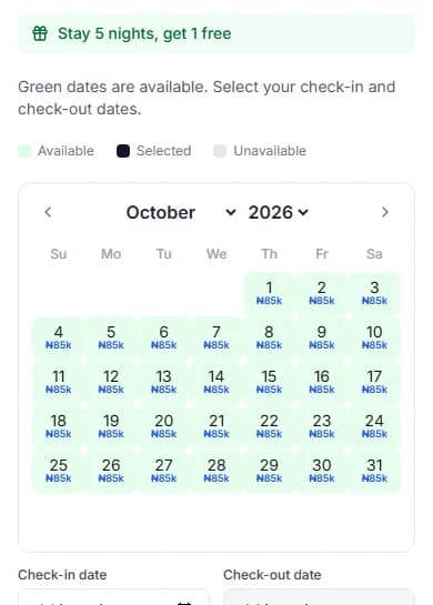 Booking calendar with the Available, Selected and Unavailable legend and a price under each night