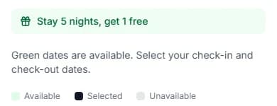 Green line with a gift icon: Stay 5 nights, get 1 free