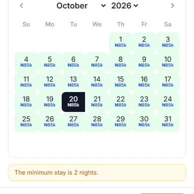 One night chosen on the calendar and the orange message The minimum stay is 2 nights