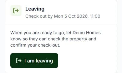 Leaving card with Check out by a date and time and the I am leaving button
