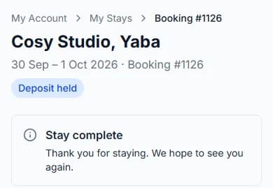 Stay page after check-out: Stay complete, Thank you for staying