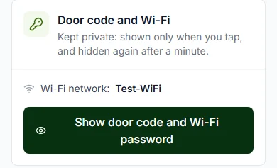 Door code and Wi-Fi card: Kept private, the Wi-Fi network name, and the Show door code and Wi-Fi password button