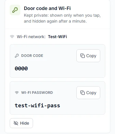 Door code and Wi-Fi password shown with Copy buttons and a Hide button, using test codes