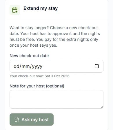Extend my stay card with New check-out date, Note for your host (optional) and the Ask my host button