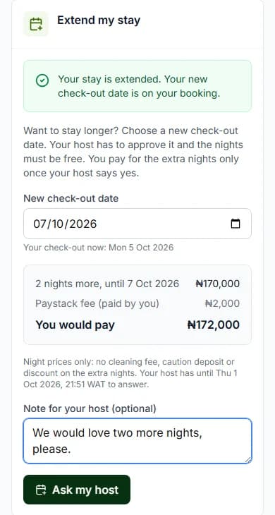 A new check-out date chosen: 2 nights more, the Paystack fee (paid by you), You would pay and the night-prices-only note