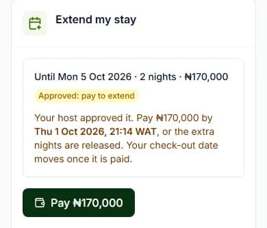 Extension with the Approved: pay to extend badge, the pay-by time and the Pay button