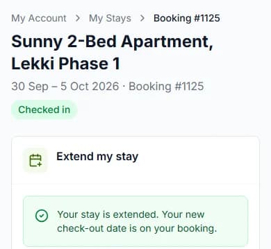 Stay page with the new check-out date and Your stay is extended