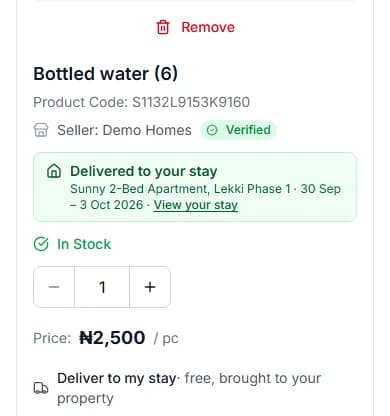 Basket line for a stay extra: Delivered to your stay, and Deliver to my stay, free