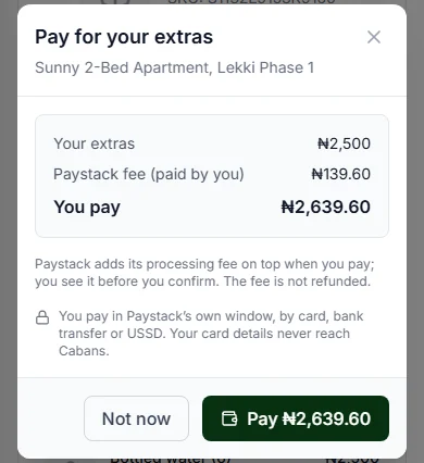 Pay for your extras box with Your extras, the Paystack fee (paid by you), You pay and the Pay button