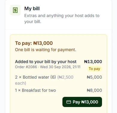 My bill with one bill from the host waiting, the items on it and the Pay button