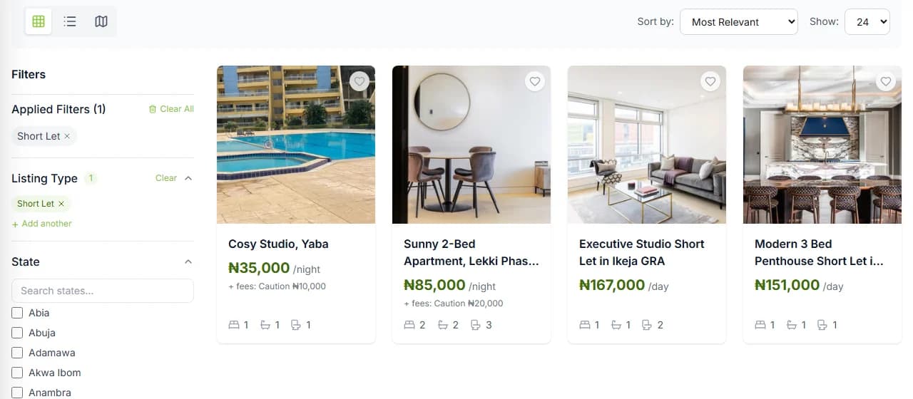 Short let search results on a computer, with the Short Let filter on and home cards showing the price per night