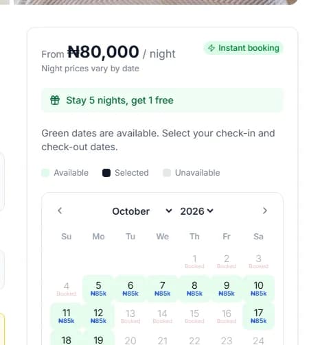 Booking box on a computer, headed by the price per night, with the Instant booking badge and the calendar, no dates chosen