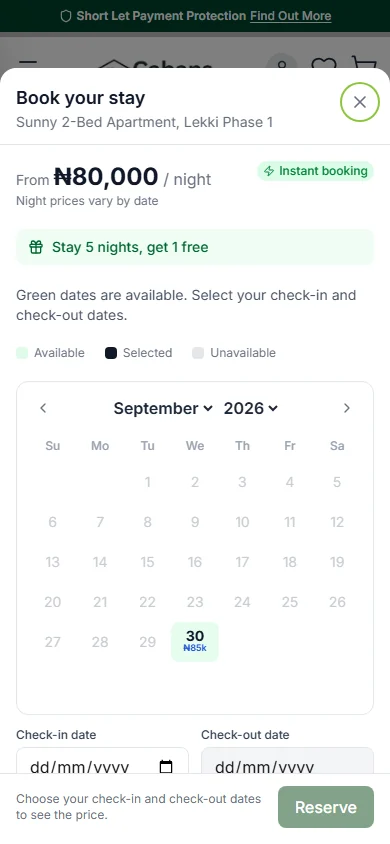 Book your stay window on a phone, with the price, the free-nights offer and the calendar