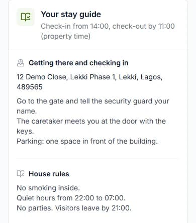 Your stay guide card with the address, how to get in, and the house rules