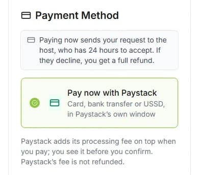 Checkout Payment Method with Pay now with Paystack chosen, the fee note and the note that paying sends your request to the host