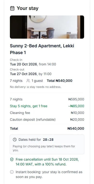 Your stay card at checkout with the price breakdown, the hold timer and the free-cancellation line