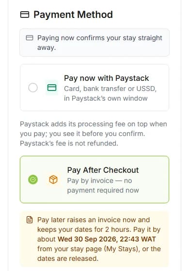 Checkout Payment Method with Pay After Checkout chosen and the note that the dates are kept for 2 hours