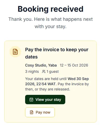 Booking received page: Pay the invoice to keep your dates, with View your stay and Pay now