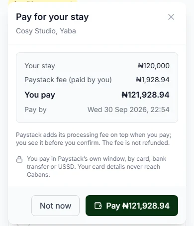 Pay for your stay box from the stay page, with Your stay, the Paystack fee (paid by you), You pay and Pay by