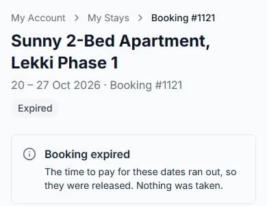 Stay page with Booking expired: the time to pay for these dates ran out, so they were released, and nothing was taken