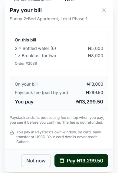 Pay your bill box with On your bill, Paystack fee (paid by you), You pay and The fee is not refunded