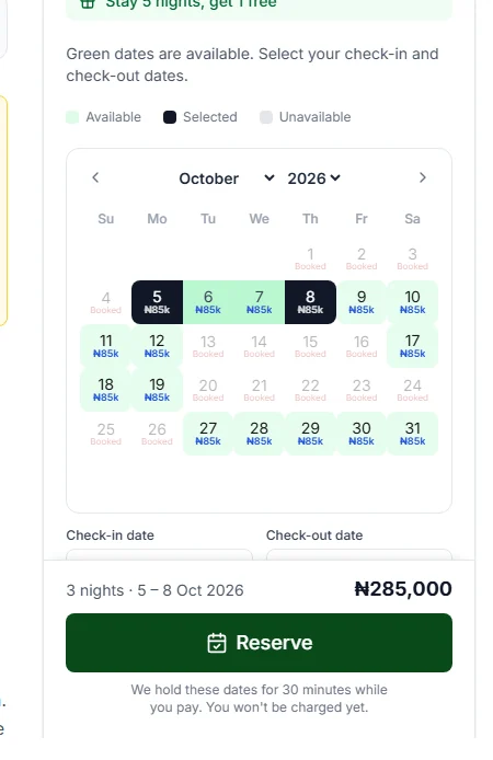 Booking box with dates chosen, the total and the Reserve button, and the note We hold these dates for 30 minutes while you pay