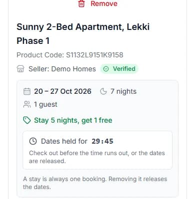 Basket line for a stay with Dates held for and the minutes and seconds left