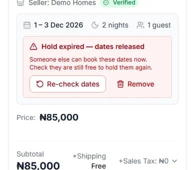 Red message in the basket: Hold expired, dates released, with Re-check dates and Remove