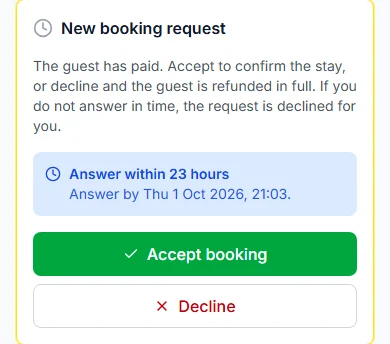 New booking request panel with Answer within 23 hours and the Accept booking and Decline buttons