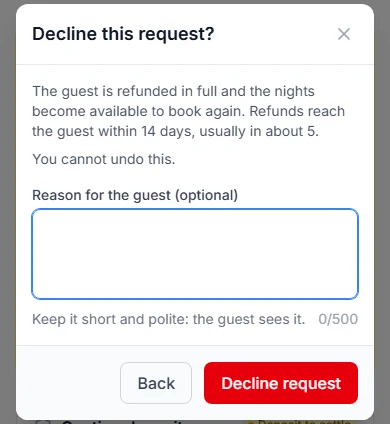 Decline this request? box with Reason for the guest (optional) and the Back and Decline request buttons