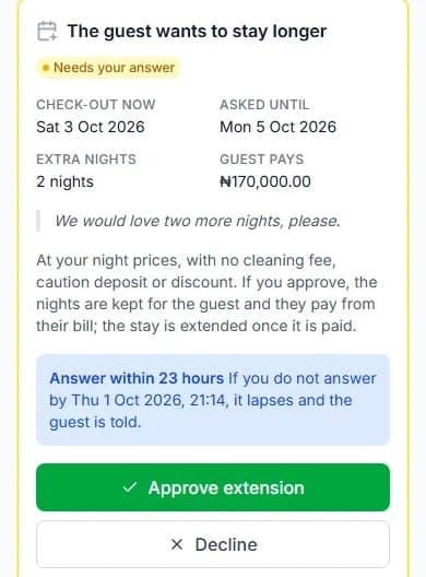 The guest wants to stay longer panel with Check-out now, Asked until, Extra nights, Guest pays, Approve extension and Decline