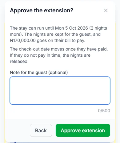 Approve the extension? box with Note for the guest (optional) and the Approve extension button