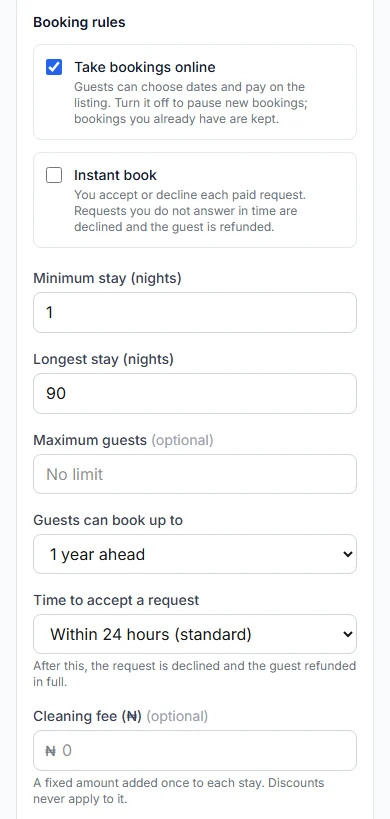Booking rules with their starting values: Take bookings online ticked, Instant book off, minimum stay 1, longest stay 90