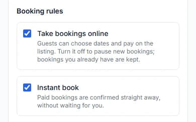 Instant book ticked, with Paid bookings are confirmed straight away, without waiting for you