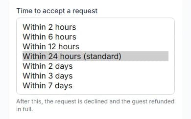 Time to accept a request list open, from Within 2 hours to Within 7 days