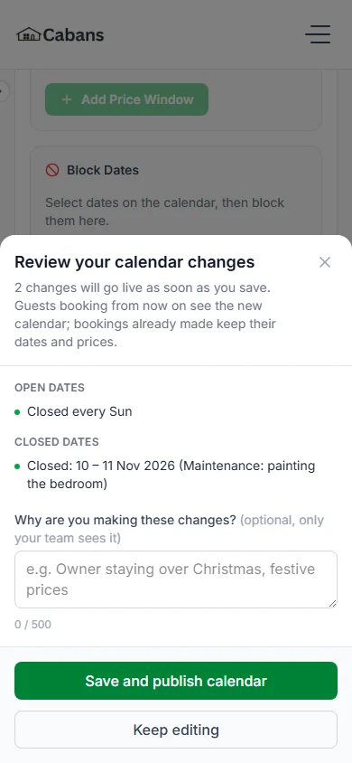 Review your calendar changes box listing Closed every Sun and two closed dates, with Save and publish calendar and Keep editing