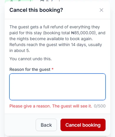 Cancel this booking? box with an empty Reason for the guest and the red message Please give a reason. The guest will see it.